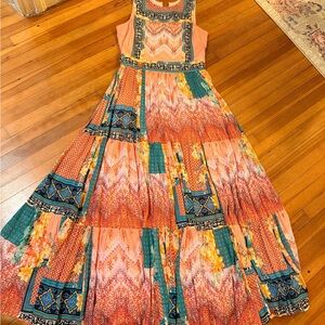 Anthropology Boho Beach Maxi Dress with Beading & Patchwork Print size Medium